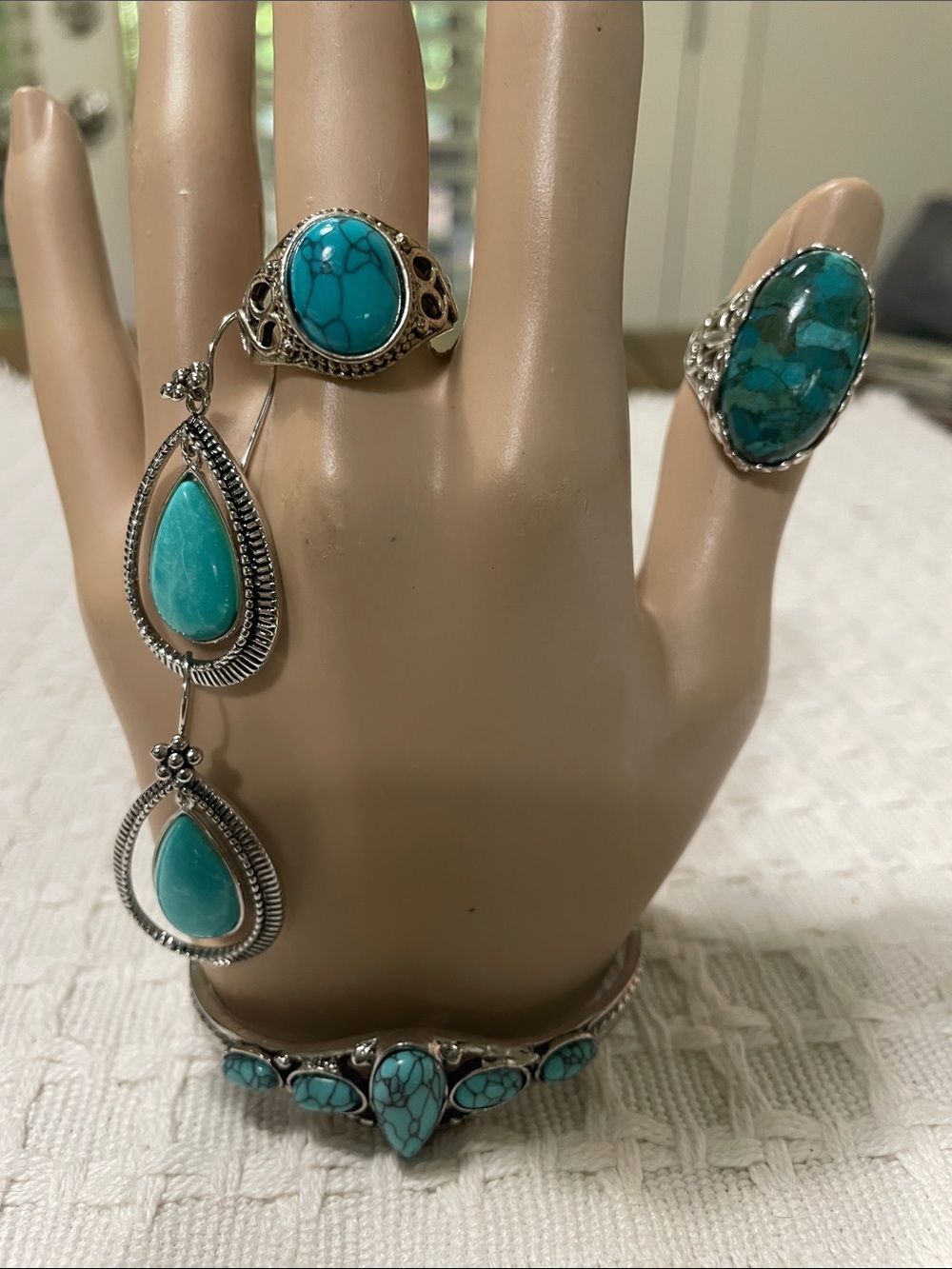 Turquoise Silver Teardrop bracelet earrings and 2 Ring Set - Turquoise ringsNWT